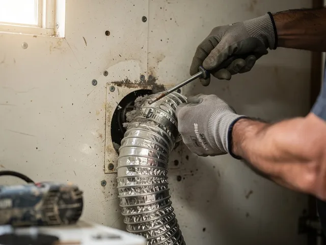 Santa Fe Springs Dryer Vent Cleaning technician performing precise dryer vent hose installation in Santa Fe Springs